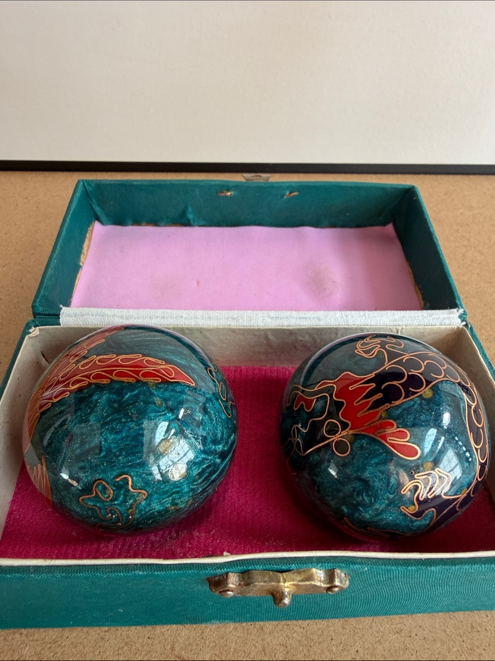 Pair of Teal Cloisonné Decorative Spheres